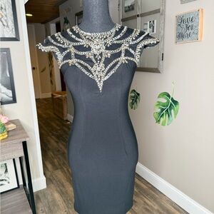 Mac Duggal Black Mini Dress with Silver Accents